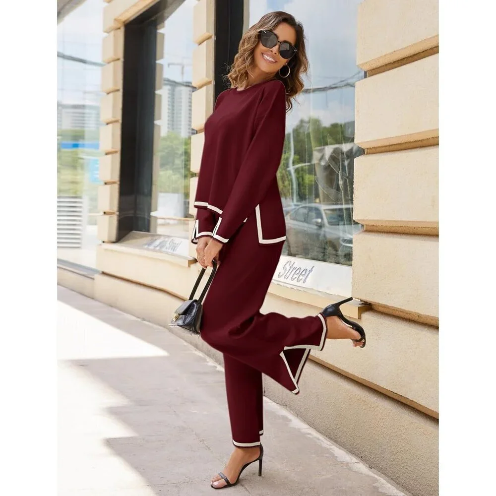 Women's Wine Red Long Sleeve Knit Sweater Top & Wide Leg Pants Lounge Set